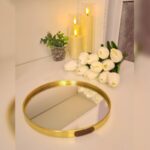 Plateau miroir doré décoratif en métal ronde 26cm – Image 2