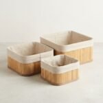 Ensemble de 3 Paniers de Rangement Carrés en Bambou avec Doublure Tissu