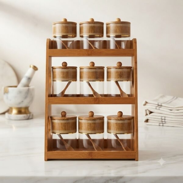 Étagère à Épices Organisée – Design Bambou et Verre
