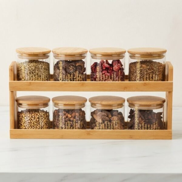 Éagère à Épices à Deux Niveaux – 8 Pots en Verre et Couvercles en Bois