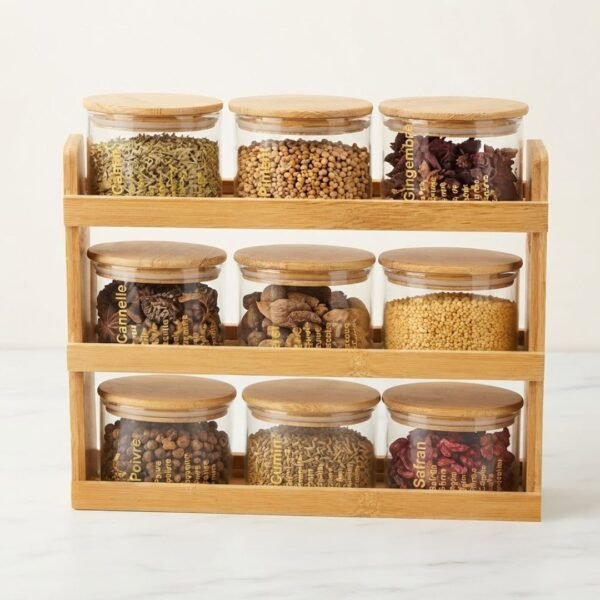 Étagère à Épices à Trois Niveaux – 9 Pots en Verre et Couvercles en Bois