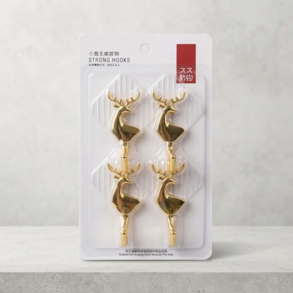 Lot de 4 Crochets Muraux Adhésifs – Motif Cerf Doré « Strong Hooks »