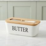 Beurrier en Céramique Blanche avec Couvercle en Bois et Couteau