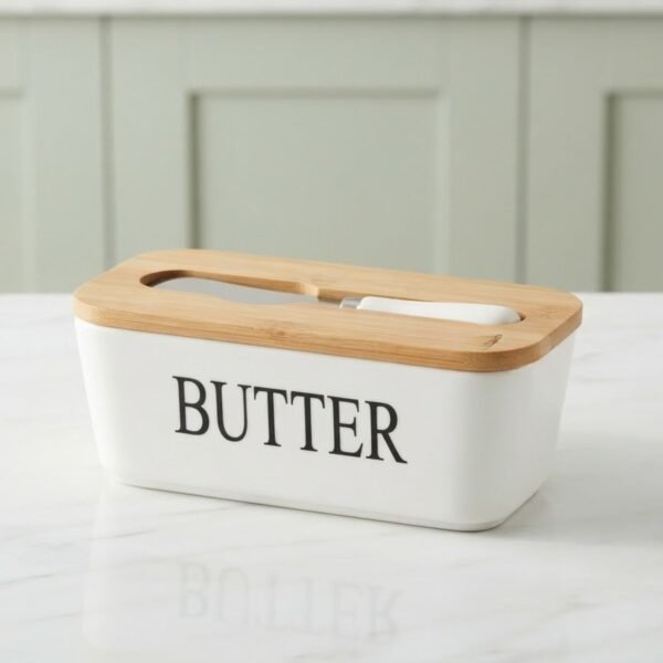 Beurrier en Céramique Blanche avec Couvercle en Bois et Couteau
