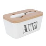 Beurrier en Céramique Blanche avec Couvercle en Bois et Couteau