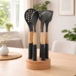 Ensemble de 7 Ustensiles en Silicone avec Support en Bambou