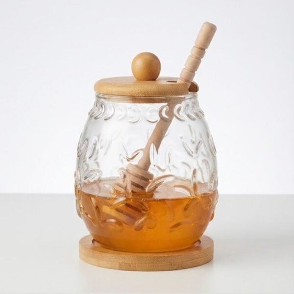 Pot à Miel en Verre avec Couvercle et Cuillère en Bois