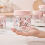 Bocal en Verre Décoré "Vélo et Papillons" - Rose Poudré