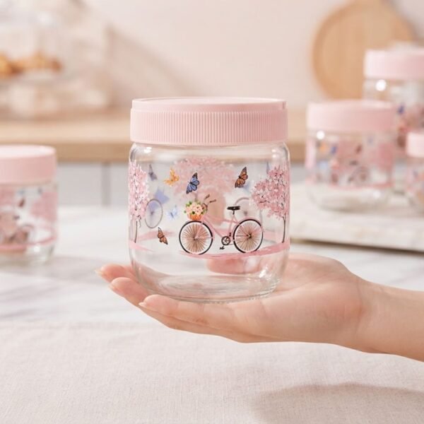 Bocal en Verre Décoré "Vélo et Papillons" - Rose Poudré