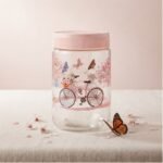 Bocal en Verre Décoré "Vélo et Papillons" - Rose Poudré