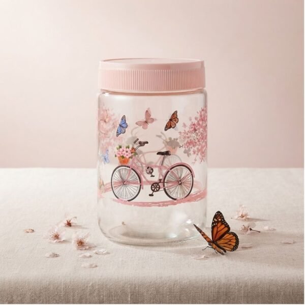 Bocal en Verre Décoré "Vélo et Papillons" - Rose Poudré