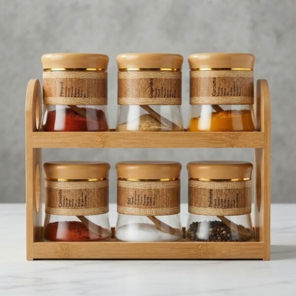 Étagère à Épices en Bois avec 6 Pots