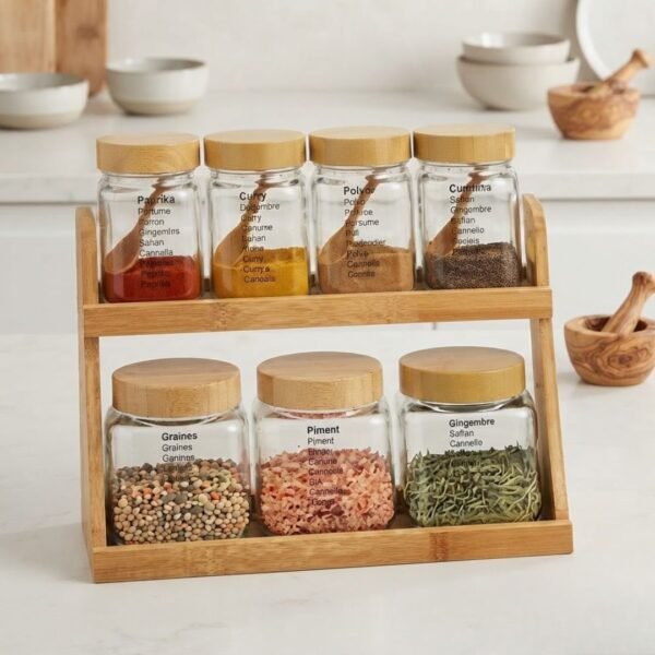Support à Épices à 2 Niveaux avec Pots en Verre 7 pcs